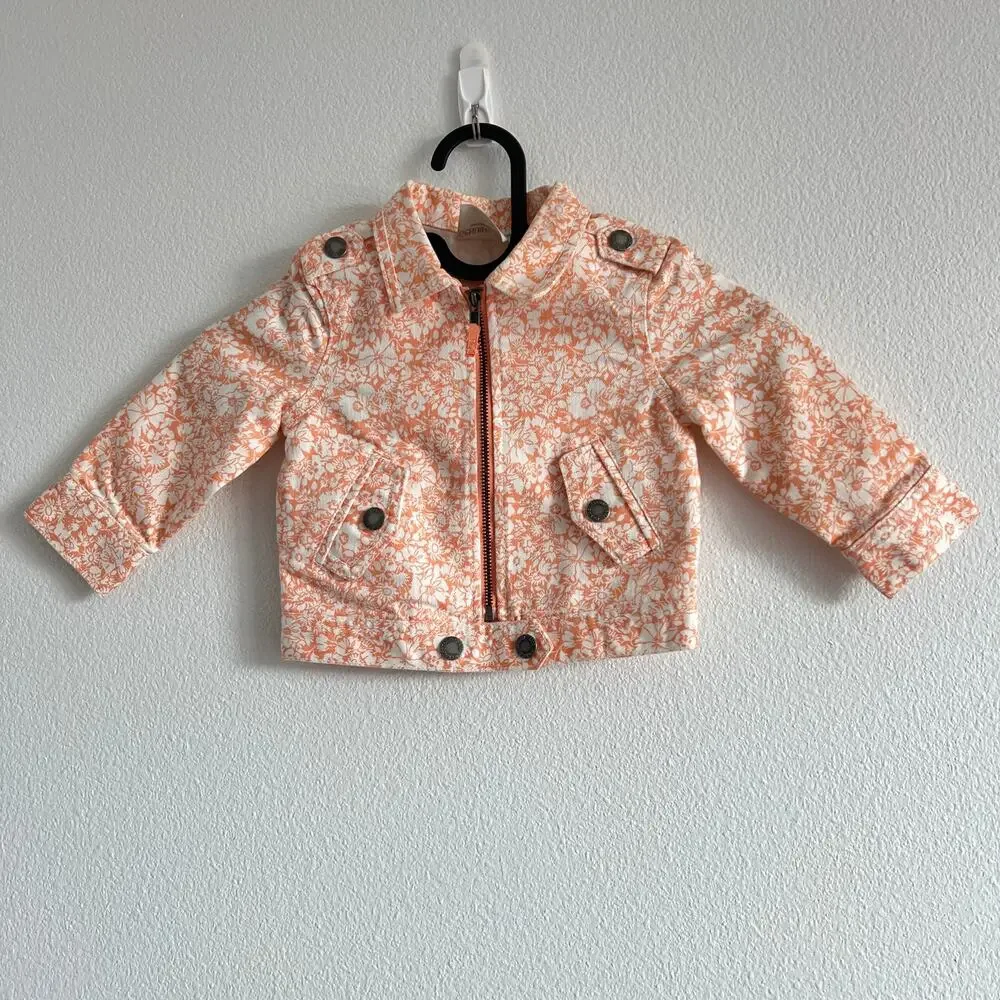 Genuine Kids OshKosh Peach & White Floral Denim Moto Jacket 12M Retro Picnic